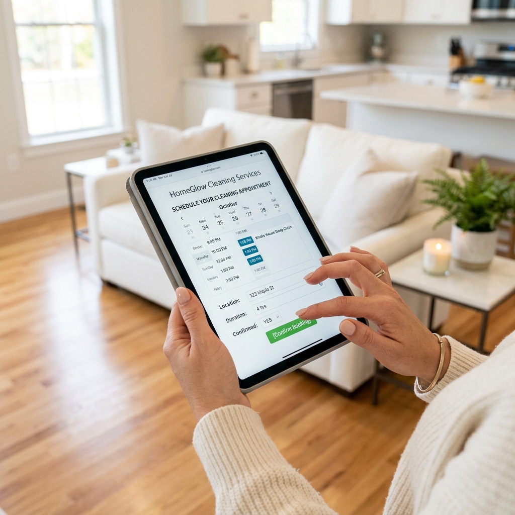 Person scheduling cleaning appointment on a tablet