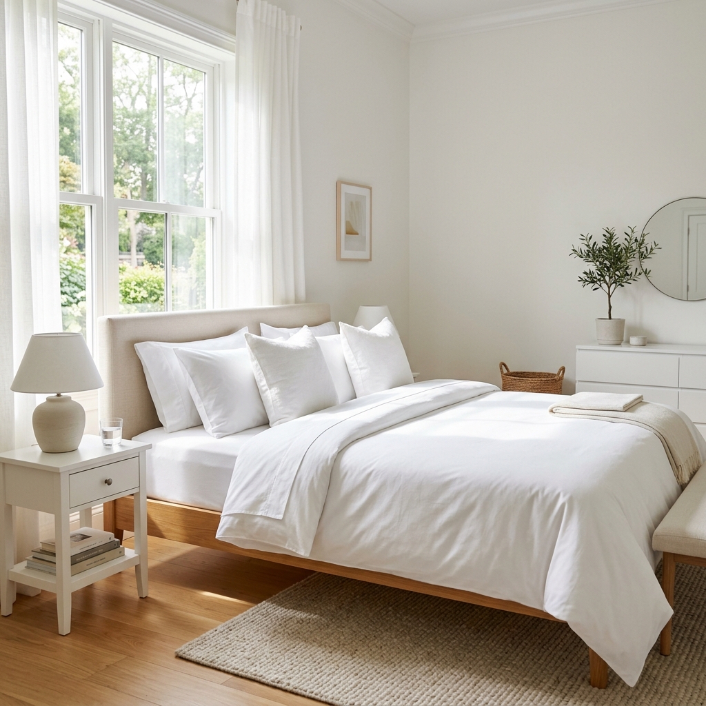 Spotless bedroom with made bed